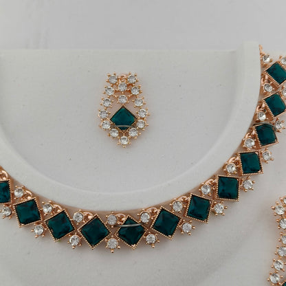 Elegant Short Necklace Set with Earrings & Maang Tika - Green, Rose Gold color