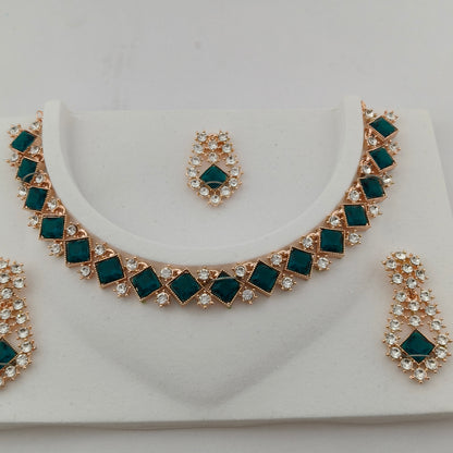 Elegant Short Necklace Set with Earrings & Maang Tika - Green, Rose Gold color