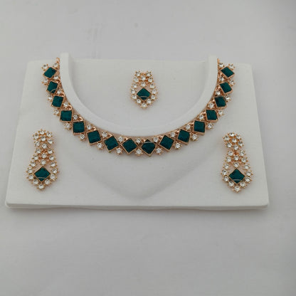Elegant Short Necklace Set with Earrings & Maang Tika - Green, Rose Gold color