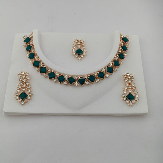Elegant Short Necklace Set with Earrings & Maang Tika - Green, Rose Gold color