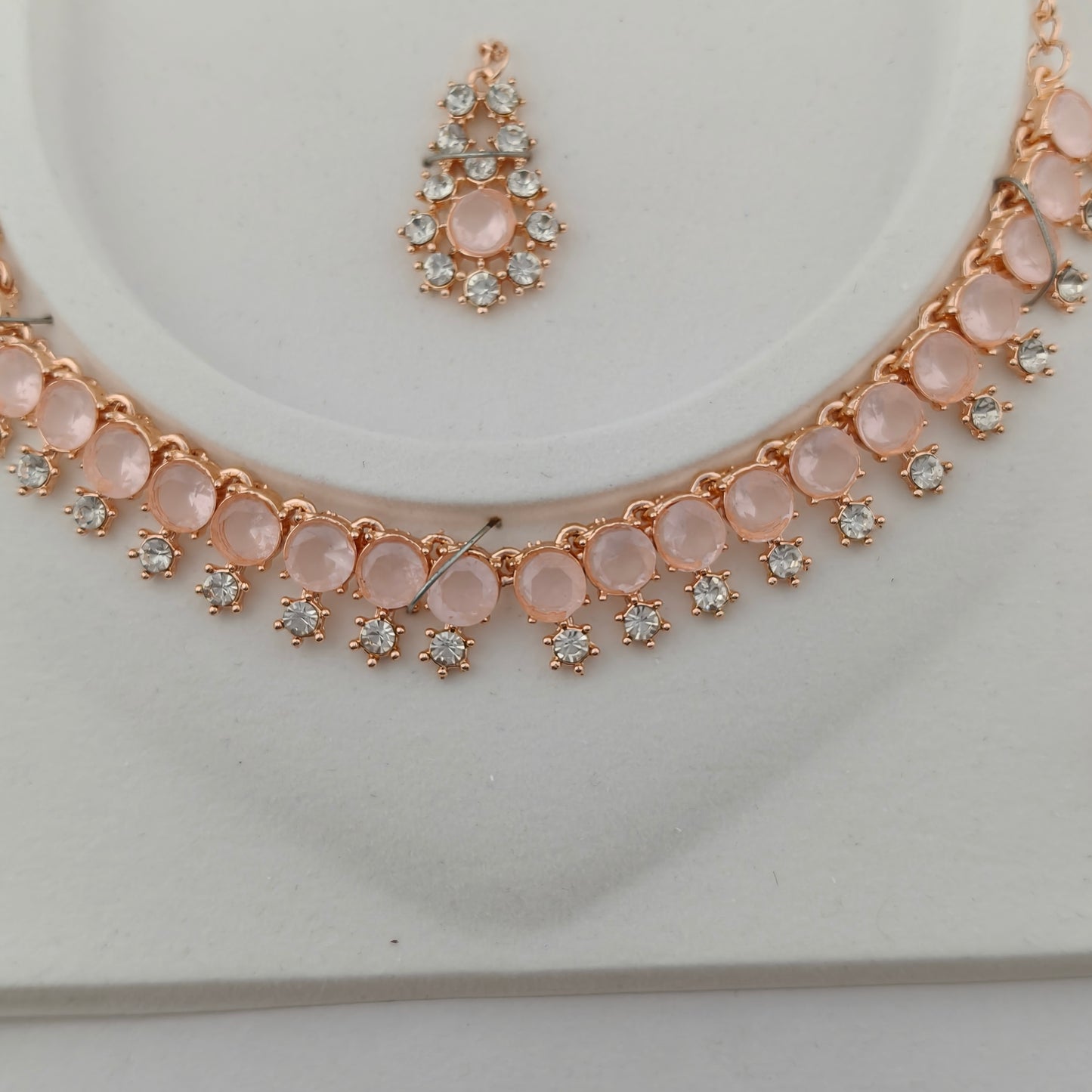 Elegant Short Necklace Set with Earrings & Maang Tika - Baby Pink, Rose Gold color