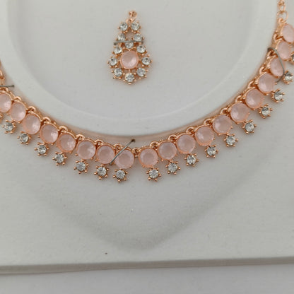 Elegant Short Necklace Set with Earrings & Maang Tika - Baby Pink, Rose Gold color