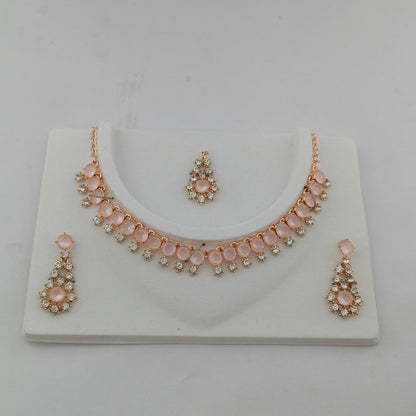 Elegant Short Necklace Set with Earrings & Maang Tika - Baby Pink, Rose Gold color