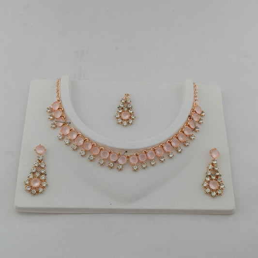 Elegant Short Necklace Set with Earrings & Maang Tika - Baby Pink, Rose Gold color