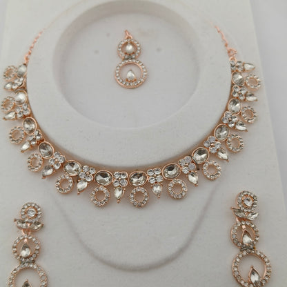 Elegant Short Necklace Set with Earrings & Maang Tika - Baby Pink, Mint Green, Rose Gold color