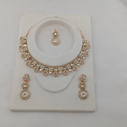 Elegant Short Necklace Set with Earrings & Maang Tika - Baby Pink, Mint Green, Rose Gold color