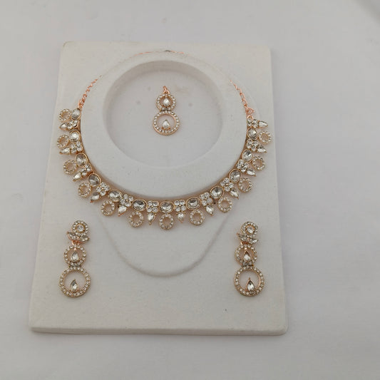 Elegant Short Necklace Set with Earrings & Maang Tika - Baby Pink, Mint Green, Rose Gold color