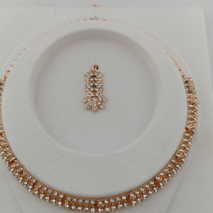Elegant Short Necklace Set with Earrings & Maang Tika - White, Rose Gold color