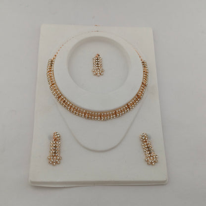 Elegant Short Necklace Set with Earrings & Maang Tika - White, Rose Gold color