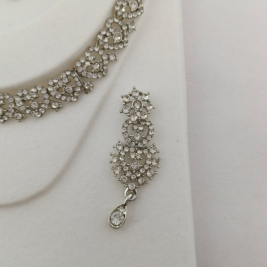 Elegant Short Necklace Set with Earrings & Maang Tika - White, Silver color