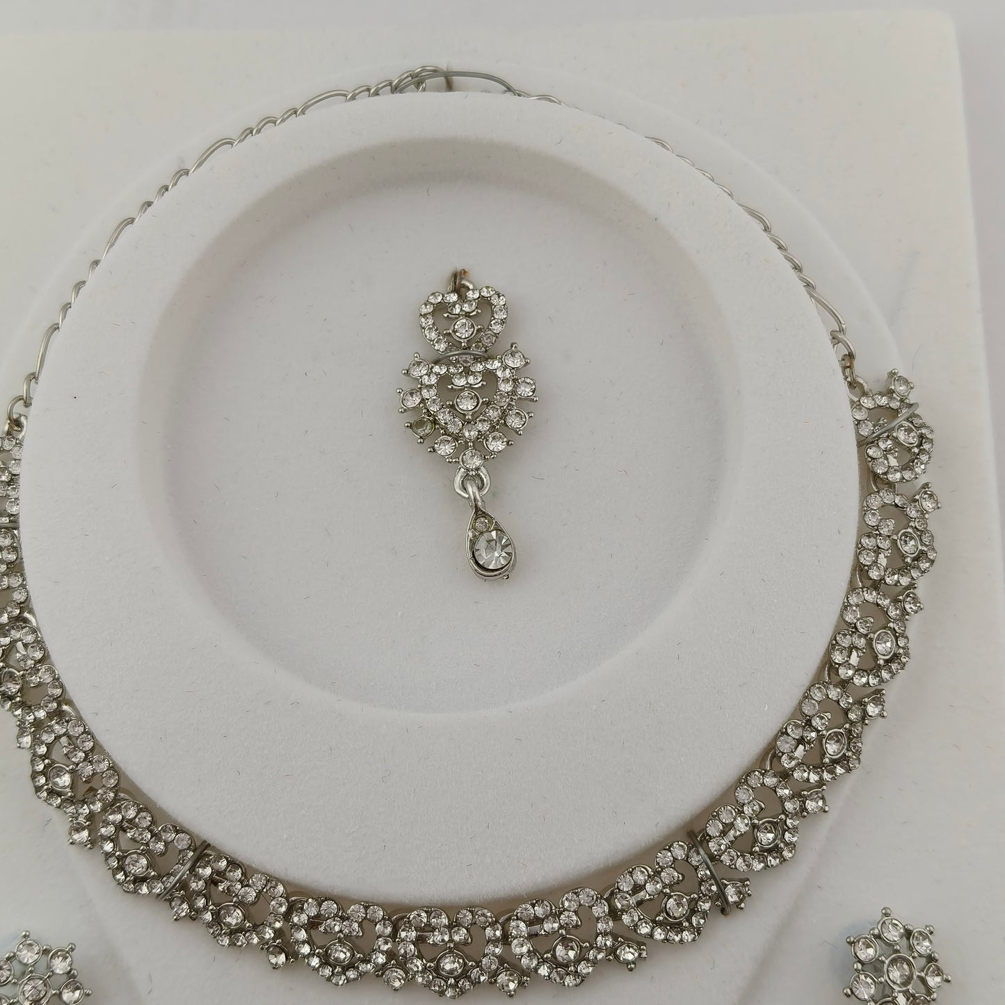 Elegant Short Necklace Set with Earrings & Maang Tika - White, Silver color