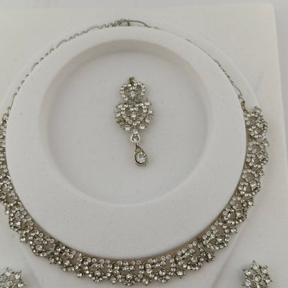 Elegant Short Necklace Set with Earrings & Maang Tika - White, Silver color