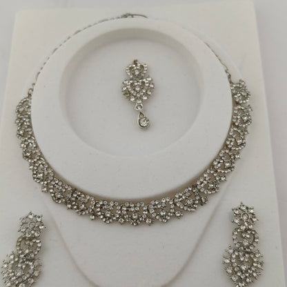 Elegant Short Necklace Set with Earrings & Maang Tika - White, Silver color