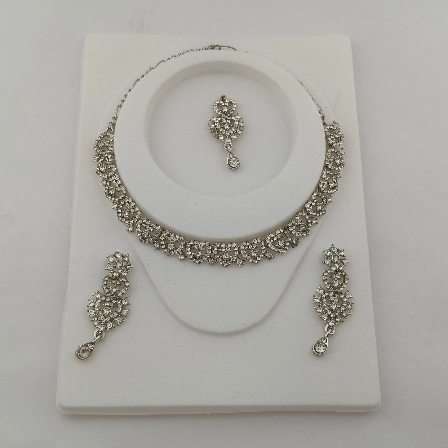 Elegant Short Necklace Set with Earrings & Maang Tika - White, Silver color