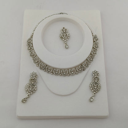 Elegant Short Necklace Set with Earrings & Maang Tika - White, Silver color