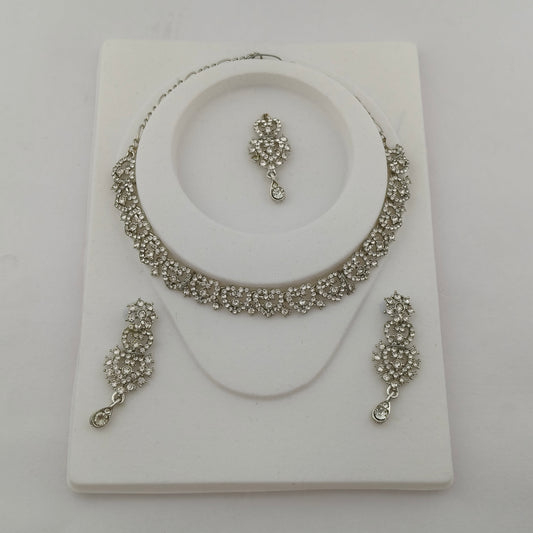 Elegant Short Necklace Set with Earrings & Maang Tika - White, Silver color