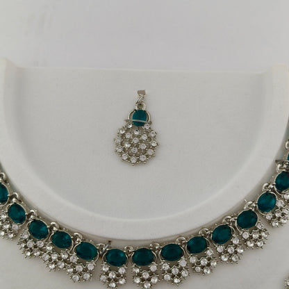 Elegant Short Necklace Set with Earrings & Maang Tika - Green, Silver color