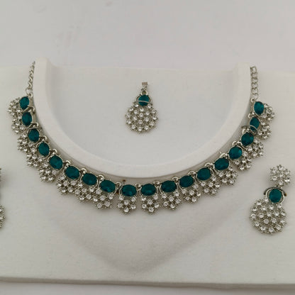 Elegant Short Necklace Set with Earrings & Maang Tika - Green, Silver color