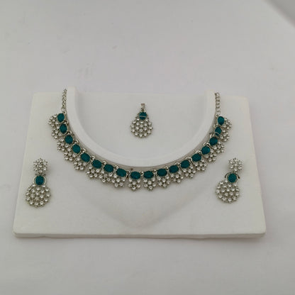 Elegant Short Necklace Set with Earrings & Maang Tika - Green, Silver color