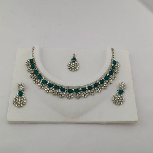 Elegant Short Necklace Set with Earrings & Maang Tika - Green, Silver color