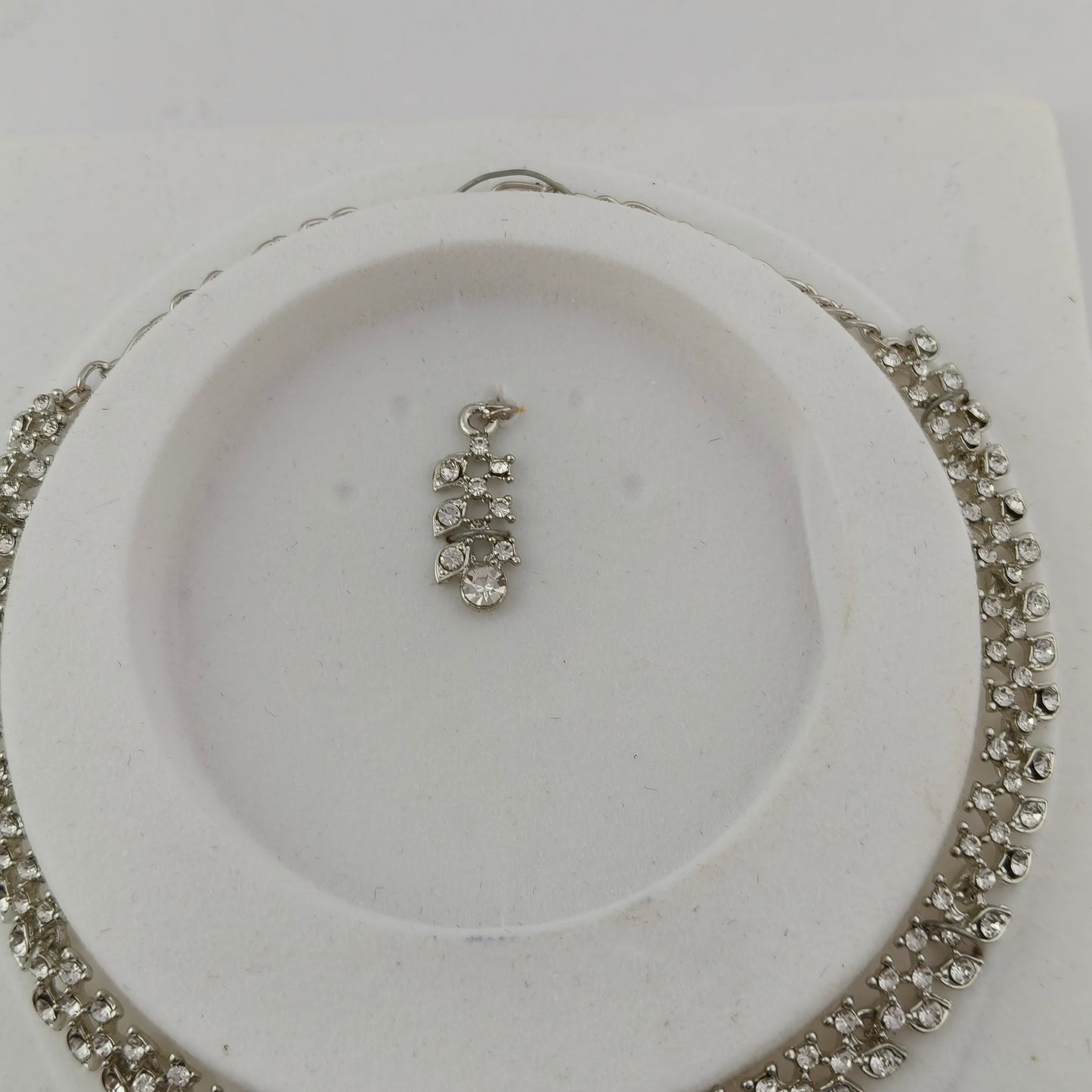 Elegant Short Necklace Set with Earrings & Maang Tika - White, Silver color