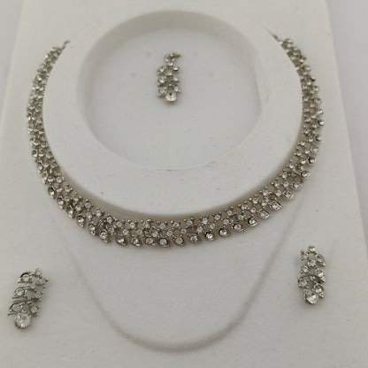 Elegant Short Necklace Set with Earrings & Maang Tika - White, Silver color