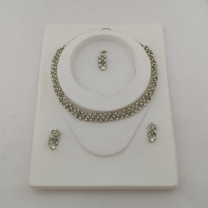 Elegant Short Necklace Set with Earrings & Maang Tika - White, Silver color
