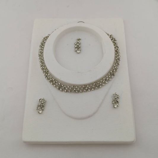Elegant Short Necklace Set with Earrings & Maang Tika - White, Silver color