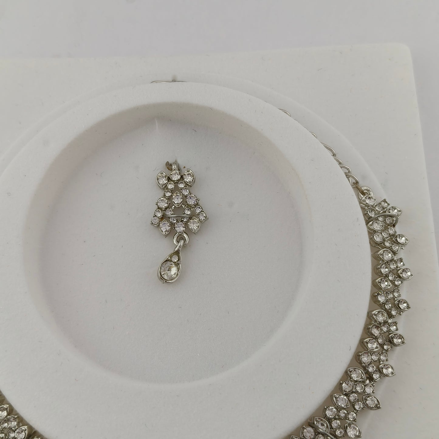 Elegant Short Necklace Set with Earrings & Maang Tika - White, Silver color