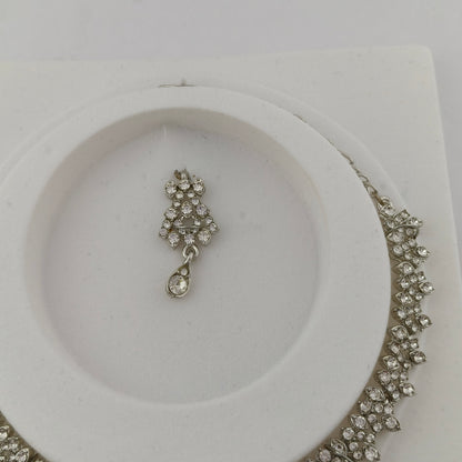 Elegant Short Necklace Set with Earrings & Maang Tika - White, Silver color