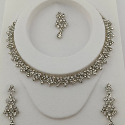 Elegant Short Necklace Set with Earrings & Maang Tika - White, Silver color