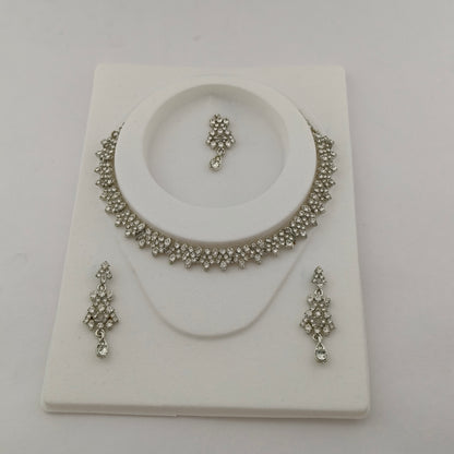 Elegant Short Necklace Set with Earrings & Maang Tika - White, Silver color
