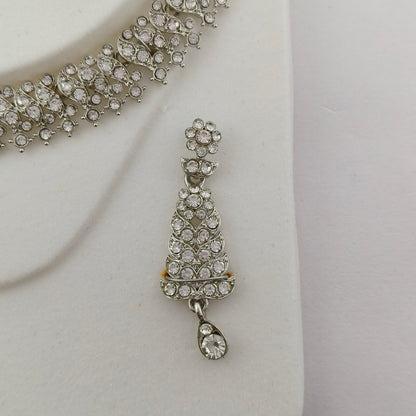 Elegant Short Necklace Set with Earrings & Maang Tika - White, Silver color