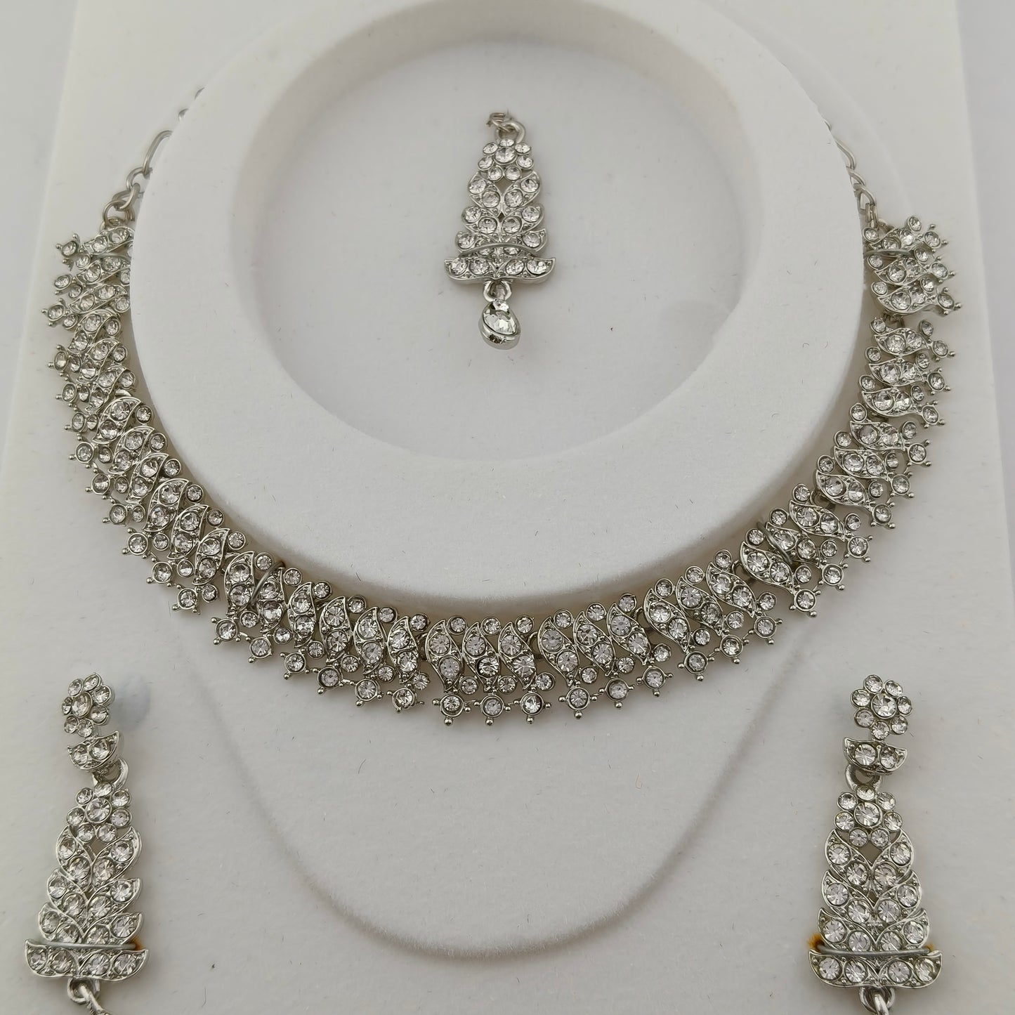 Elegant Short Necklace Set with Earrings & Maang Tika - White, Silver color