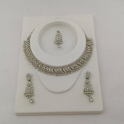 Elegant Short Necklace Set with Earrings & Maang Tika - White, Silver color
