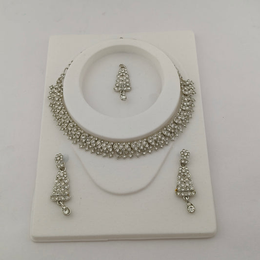 Elegant Short Necklace Set with Earrings & Maang Tika - White, Silver color