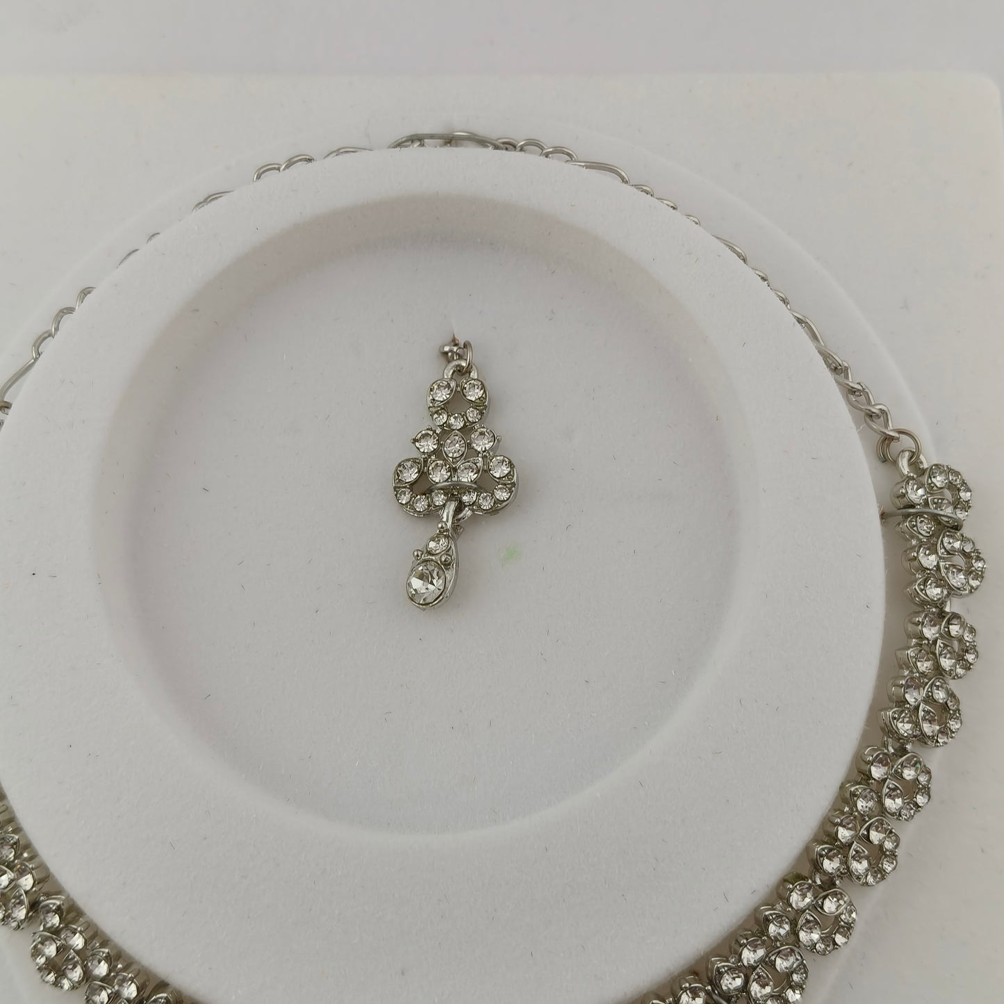 Elegant Short Necklace Set with Earrings & Maang Tika - White, Silver color