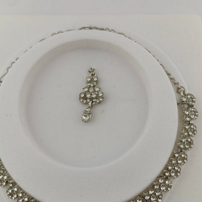 Elegant Short Necklace Set with Earrings & Maang Tika - White, Silver color