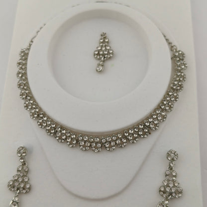 Elegant Short Necklace Set with Earrings & Maang Tika - White, Silver color