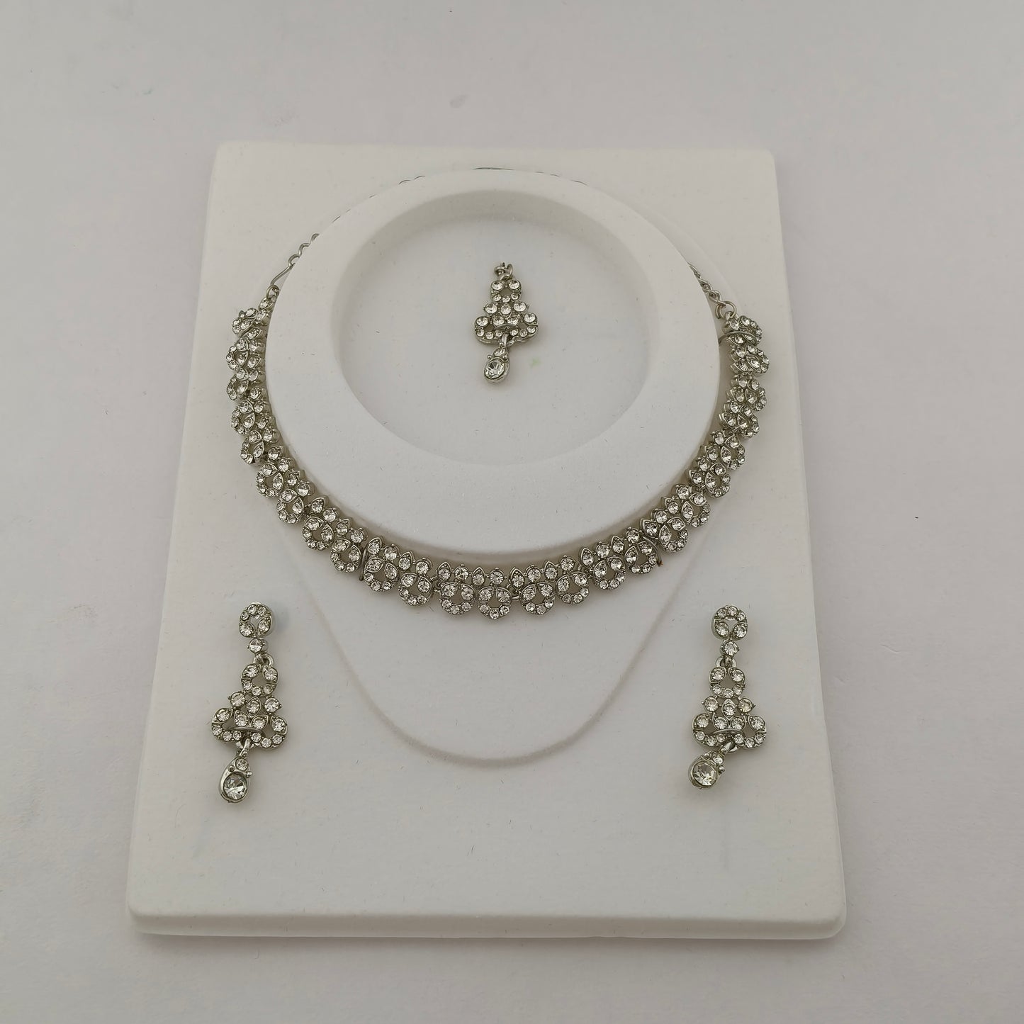Elegant Short Necklace Set with Earrings & Maang Tika - White, Silver color