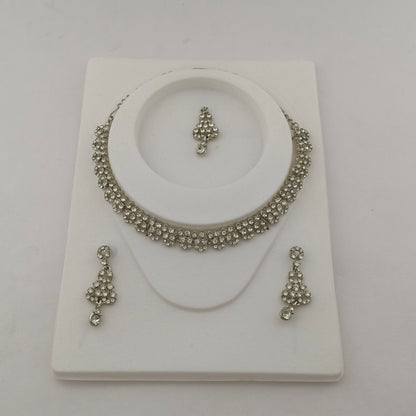 Elegant Short Necklace Set with Earrings & Maang Tika - White, Silver color