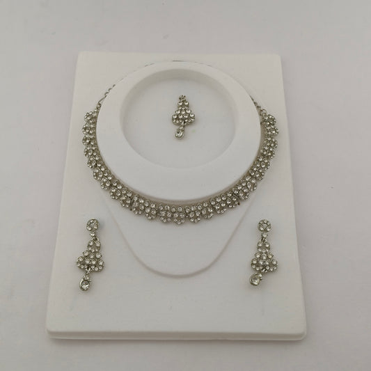 Elegant Short Necklace Set with Earrings & Maang Tika - White, Silver color