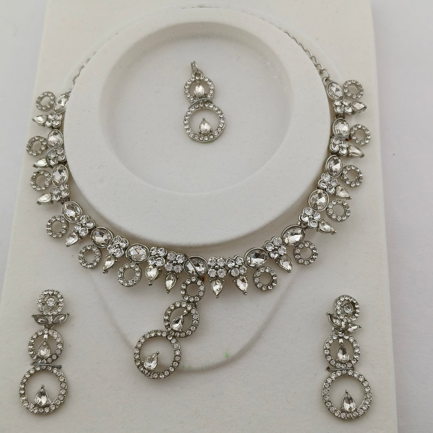 Elegant Short Necklace Set with Earrings & Maang Tika - White, Silver color