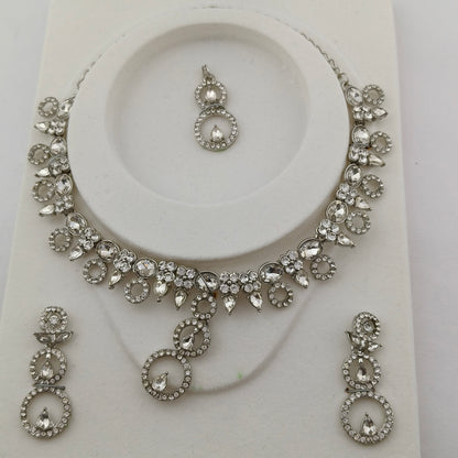 Elegant Short Necklace Set with Earrings & Maang Tika - White, Silver color