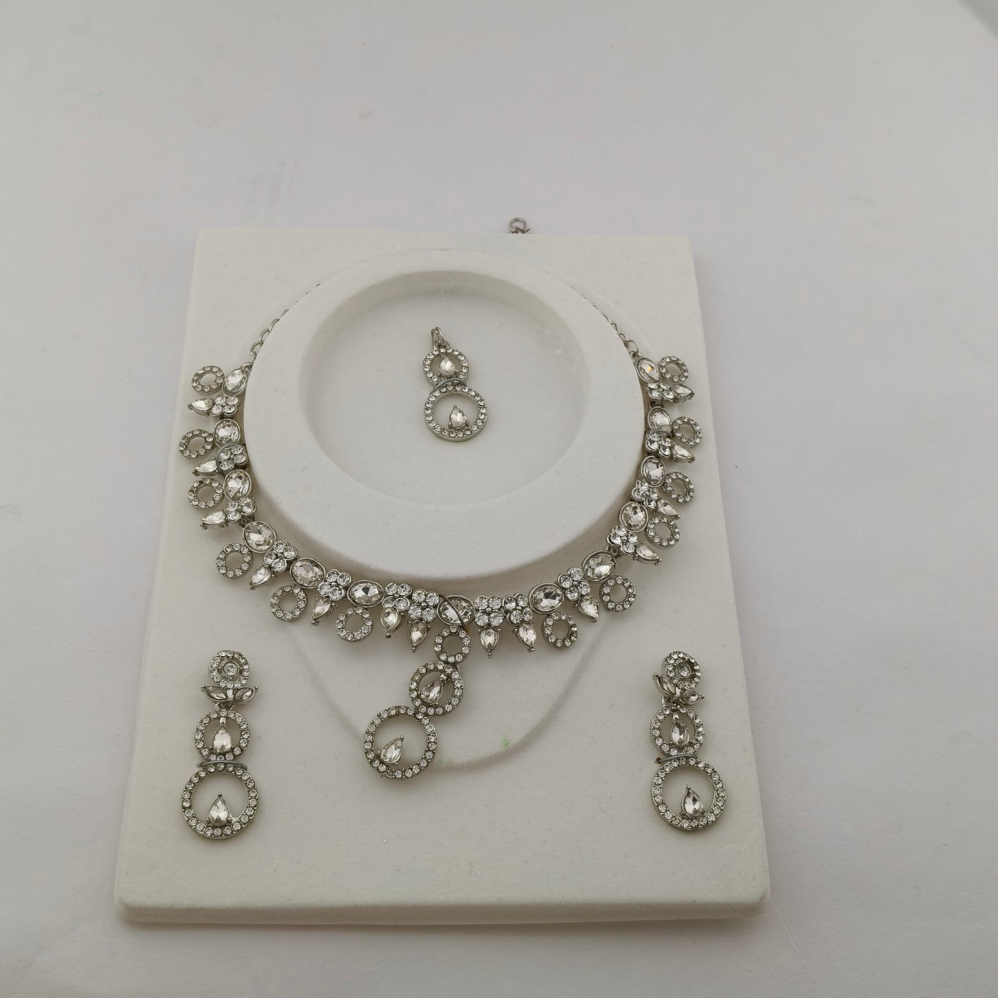 Elegant Short Necklace Set with Earrings & Maang Tika - White, Silver color