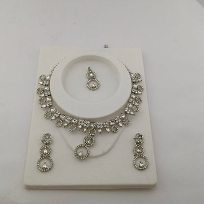 Elegant Short Necklace Set with Earrings & Maang Tika - White, Silver color