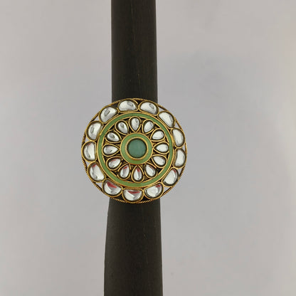 Traditional Meenakari Kundan Ring - Mint Green