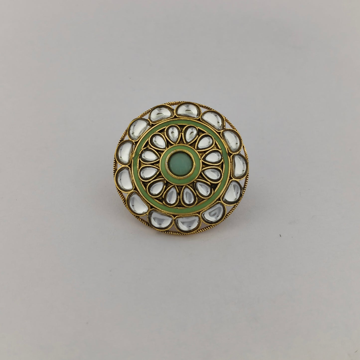 Traditional Meenakari Kundan Ring - Mint Green