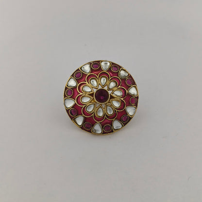 Traditional Meenakari Kundan Ring - Rani Pink
