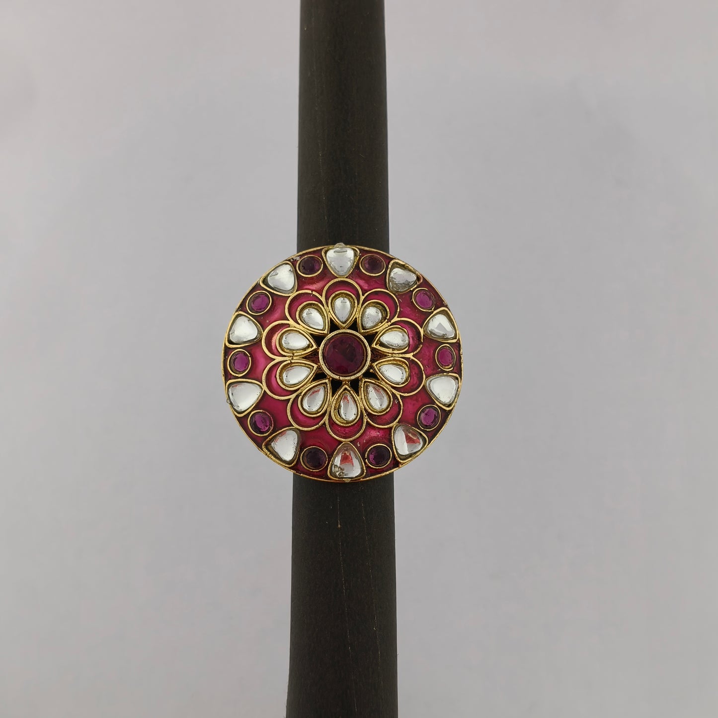 Traditional Meenakari Kundan Ring - Rani Pink